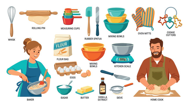 Whisk rolling pin measuring cups flour bag mixing bowls kitchen scale oven mitts cookie cutters baking ingredients and people cooking vector illustration set