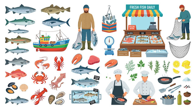 Fish seafood market cooking icons set with salmon, cod, shellfish, fisherman, chef, and fishing boat vector illustration
