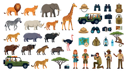 Naklejka premium Lion elephant giraffe zebra rhinoceros cheetah hippopotamus buffalo wildebeest hyena warthog ostrich monkey safari animals and equipment flat icon set