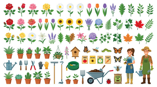 Gardening tools flowers plants insects people vector illustration set for spring and summer season
