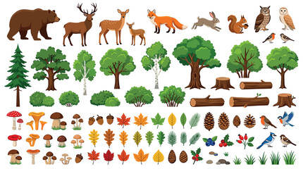 Naklejka premium Forest animals bear deer fox rabbit squirrel owl birds, trees bushes logs mushrooms leaves berries, nature elements vector illustration set