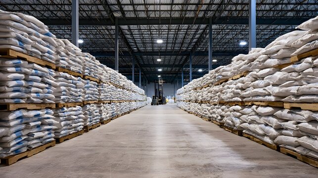 Organized warehouse logistics display rows of fertilizer bags emphasizing efficiency and scale in a clean industrial setting