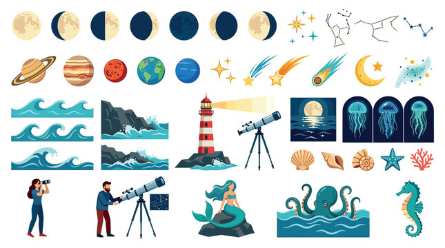 Moon phases planets stars constellations waves lighthouse telescope mermaid octopus seahorse jellyfish shells coral icons set