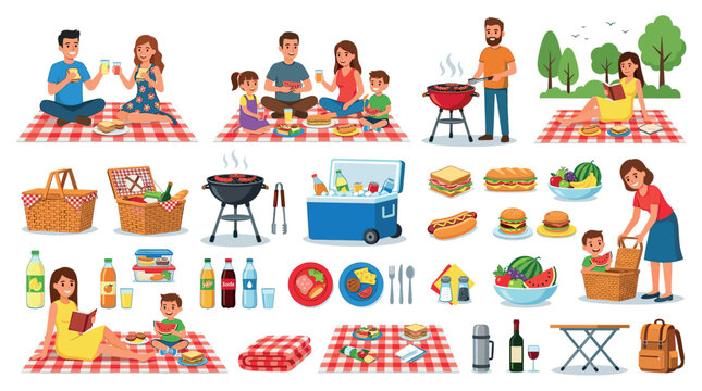 People family picnic food barbecue items set, including baskets, cooler, grill, sandwiches, burgers, and fruits vector illustration