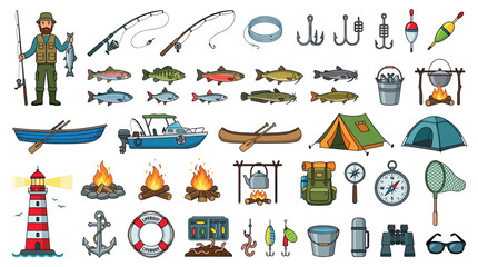 Naklejka premium Fisherman fishing rod boat fish tent campfire lighthouse compass binoculars icon set, vector illustration in flat design