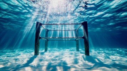 Obraz premium a boxing ring submerged in a crystal-clear ocean lagoon, resting on white sand.