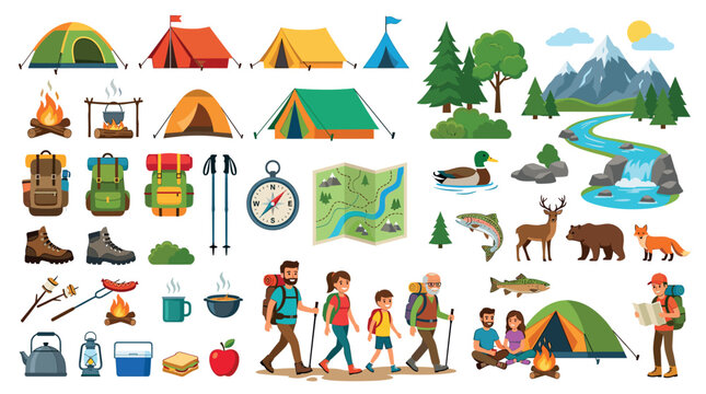 Camping tent backpack campfire map compass icons with family hikers, forest animals, and nature landscape elements vector illustration set