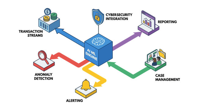 Isometric AI Machine Learning Engine Infographic with Cybersecurity and Data Analytics Workflow