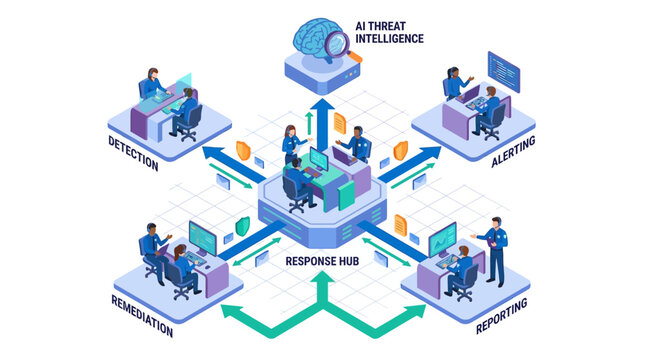 Isometric cybersecurity operations center workflow with AI threat intelligence, analysts monitoring detection alerts and incident response hub for enterprise network protection