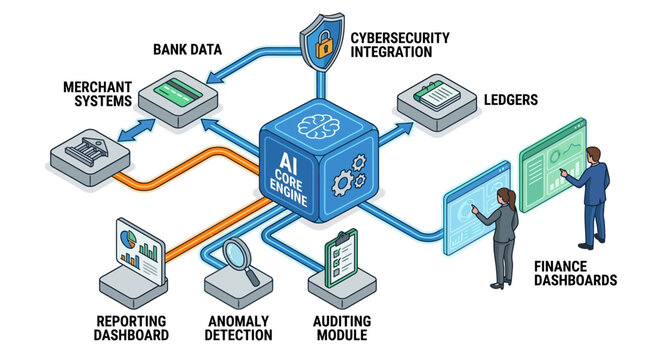 Isometric fintech diagram of AI core engine integrating bank data, ledgers and finance dashboards for cybersecurity, auditing and anomaly detection