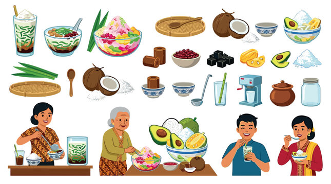 Cendol es campur ice dessert ingredients people icons set, flat cartoon vector illustration