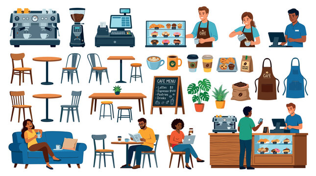 Coffee shop equipment, furniture, barista, customers, and menu items vector illustration set