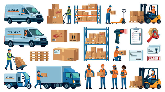 Delivery van truck scooter forklift boxes workers icons set for logistics and shipping services