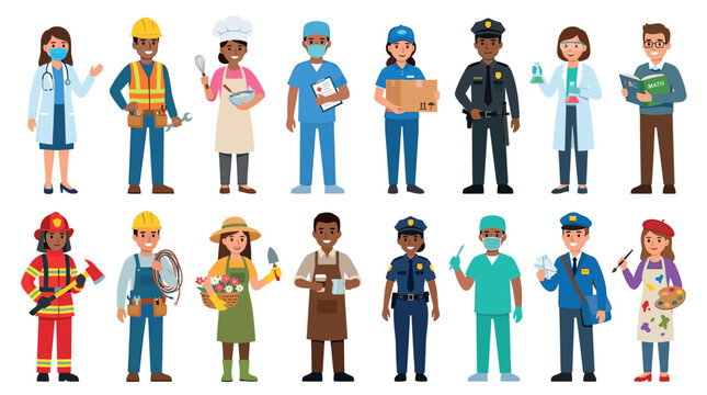 Doctor construction worker chef nurse delivery police scientist student firefighter electrician gardener barista postman artist diverse occupation characters flat vector illustration set