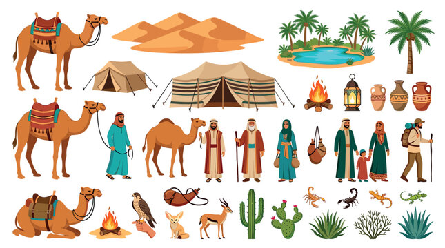 Desert camels, people, tents, oasis, animals, plants, and objects vector illustration set