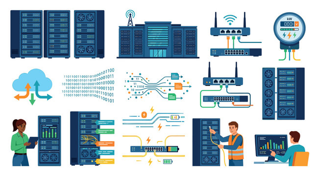 Server racks, data center building, network routers, cloud computing, binary code, and IT specialists working with equipment vector illustration set