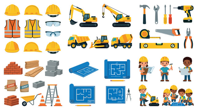 Construction worker tools equipment vehicles materials and children builders flat vector illustration set