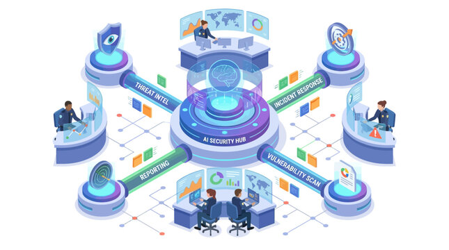 Isometric AI Security Operations Center with Cybersecurity Analysts Monitoring Digital Infrastructure and Threat Intelligence Networks for Corporate Data Protection