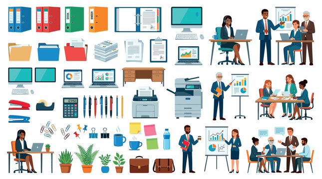 Office supplies people computers printers binders folders pens stapler calculator coffee cups plants business flat vector illustration set