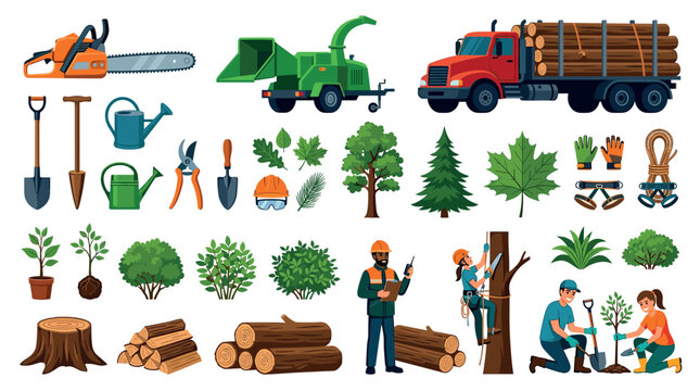 Chainsaw wood chipper logging truck gardening tools tree leaves and lumberjack arborist gardener people vector illustration set