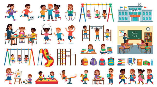 Happy children playing, studying, and going to school in a large collection of vector illustrations for education and childhood themes