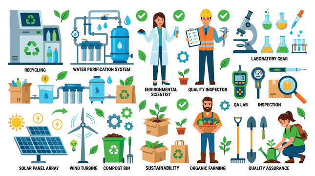 Recycling water purification system solar panel wind turbine compost bin sustainability organic farming quality assurance icons set
