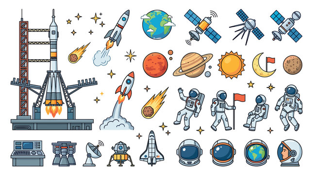 Rocket launchpad rockets planets astronauts helmets satellites space exploration icons set
