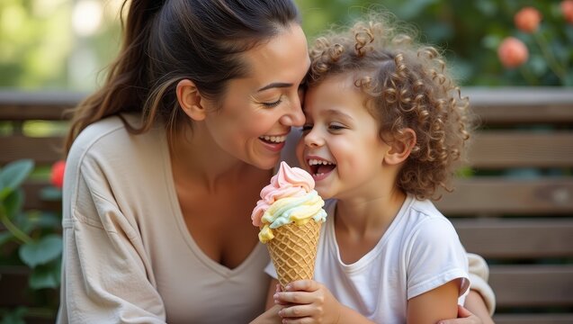 Happy mother with little daughter sharing ice cream outdoors, warm family moment, smiling faces, tender connection, summer lifestyle, parenting love, childhood joy