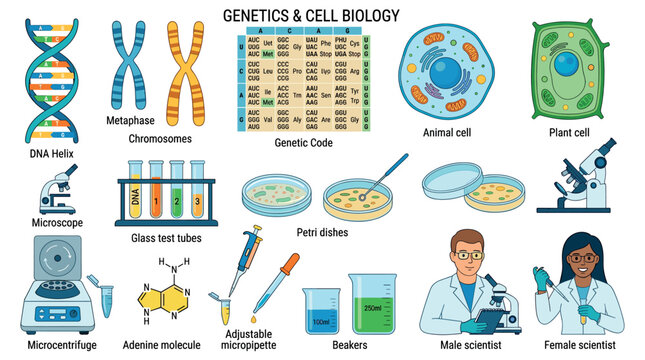 DNA helix chromosomes genetic code animal plant cells microscope test tubes petri dishes microcentrifuge adenine molecule micropipette beakers scientists vector illustration set