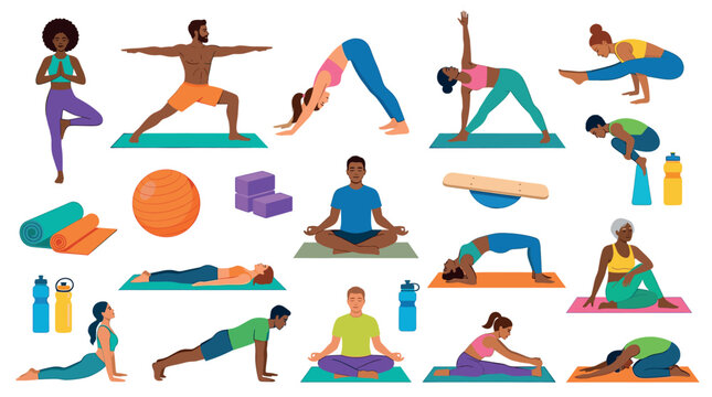 People doing yoga poses with fitness accessories like mats, blocks, and water bottles, flat vector illustration
