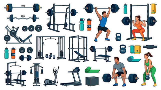 Barbell dumbbell kettlebell treadmill exercise equipment with people working out in a gym icon set