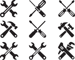 Technical repair tools collection featuring crossed wrenches screwdrivers hammers pliers and monkey wrenches for maintenance work. © Kamrun82
