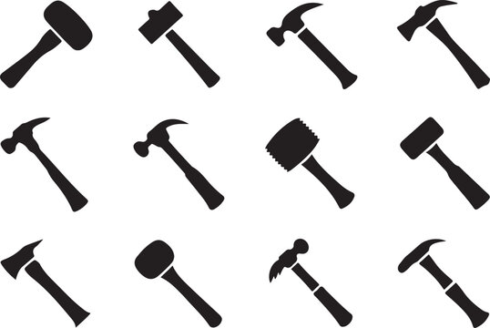 Construction and manual labor hammer tools collection featuring various steel sledgehammers mallets claw hammers and metal tools.