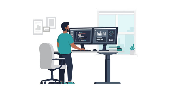 Software Developer Coding at a Standing Desk with Dual Monitors in a Modern Office, Flat Vector Illustration of a Programmer Working on Tech Projects