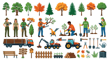Fototapeta premium Trees people park rangers foresters loggers planters volunteers tools equipment icons set