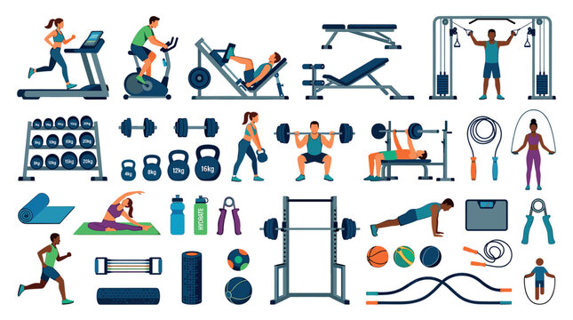 People exercising with gym equipment, including treadmill, stationary bike, weights, and fitness accessories, vector illustration set