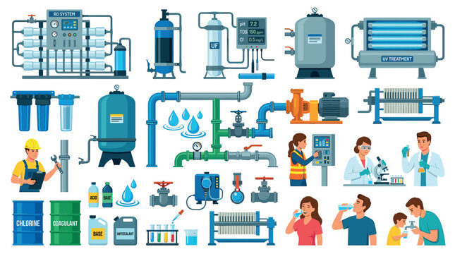 Water purification system equipment, pipes, filters, pumps, chemicals, and people drinking clean water flat vector illustration set