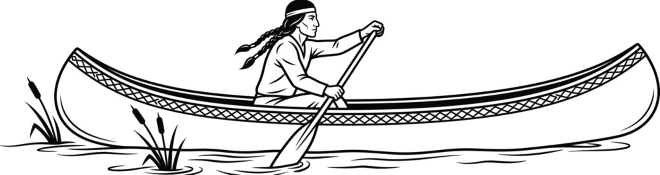 Native American paddling a canoe through reeds on a river, illustration of traditional watercraft