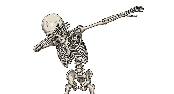 Human Skeleton Performing Dab Dance Pose Isolated White Background.