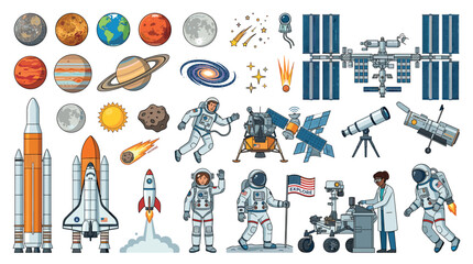 Fototapeta premium Planets, rockets, astronauts, space station, and telescope vector illustration set for cosmic exploration and science education