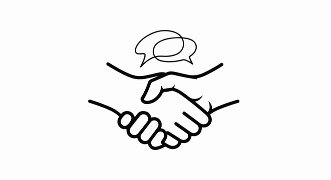 Two hands shaking with speech bubbles above