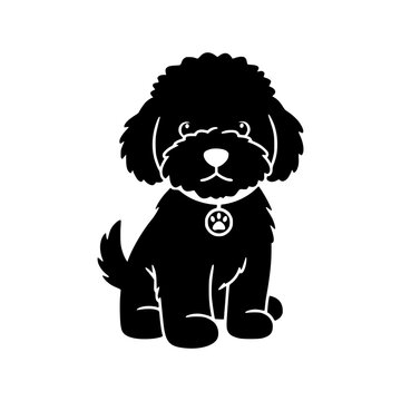 Cute Fluffy Dog Silhouette Sitting with Paw Print Collar Vector