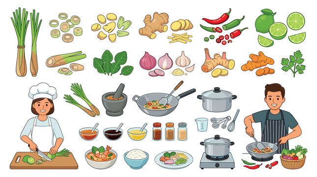 Lemongrass ginger chili lime garlic onion galangal turmeric cilantro cooking ingredients with chefs and kitchenware vector illustration set