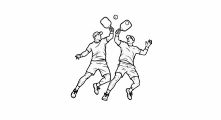 Fototapeta premium Two men in athletic wear playing pickleball, reaching for the ball