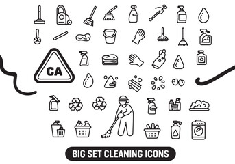 Fototapeta premium Cleaning icons big set including housekeeping tools detergent bottles sponges sprayers brooms buckets and hygiene maintenance.