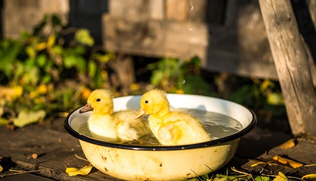 Two fluffy yellow ducklings enjoy a bath in a shallow, weathered metal bowl outdoors on a sunny day. The scene is rustic and charming
