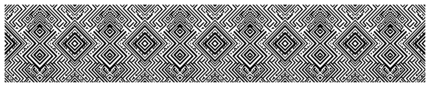 Intricate tribal border with maze like geometric patterns and concentric diamonds in line art style