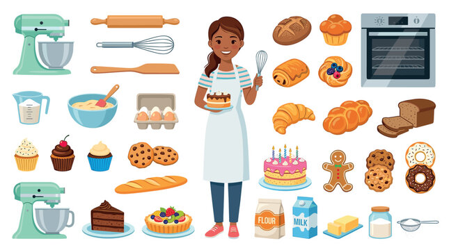 Smiling baker woman holding a cake with baking ingredients, kitchen tools, and various pastries flat vector illustration
