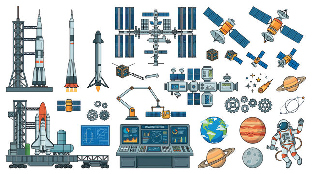 Rockets, space shuttles, satellites, planets, astronaut, mission control, and space station vector illustration set