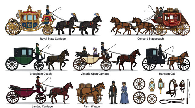 Royal state carriage, Concord stagecoach, Brougham coach, Victoria open carriage, Hansom cab, Landau carriage, farm wagon, wheels, lanterns, harness, whip vector illustration set
